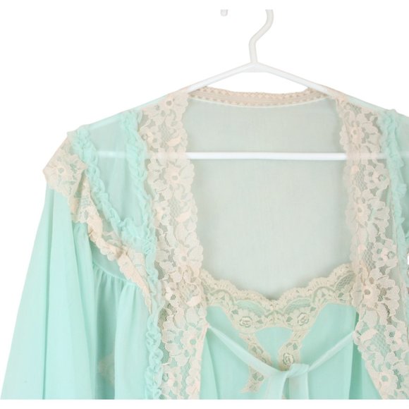 Vintage Elsser Peignoir Mint Green White Nylon Lace Robe & Nightgown Small SW32 - Picture 8 of 12